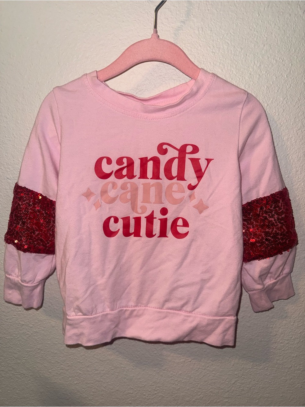 Candy Cane Cutie Sweatshirt with Red Sequin Sleeve, short set w/ leggings